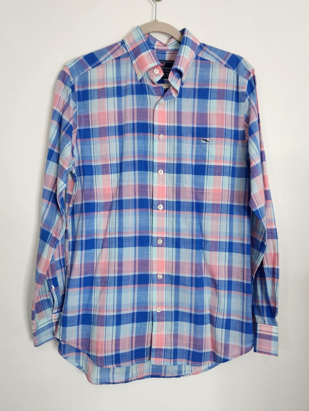 Vineyard Vines Slim Tucker Shirt Mens Small Blue Pink Plaid 1W0792 100% Cotton